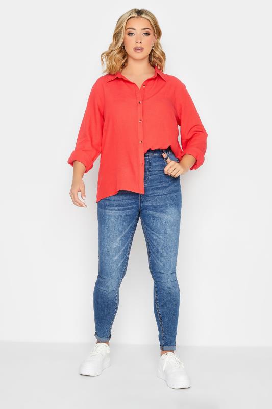 YOURS PETITE Plus Size Coral Orange Linen Blend Shirt | Yours Clothing 2