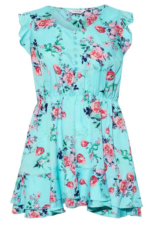 Curve Blue Floral Print Frill Sleeve Smock Top 6
