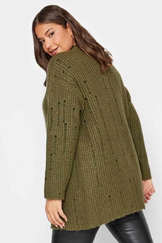 YOURS Plus Size Khaki Green Distressed Knit Cardigan | Yours Clothing 5
