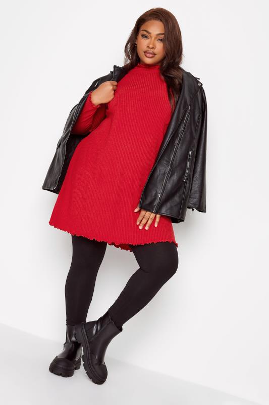 YOURS Curve Plus Size Red Ribbed Lettuce Hem Tunic Dress | Yours Clothing  2
