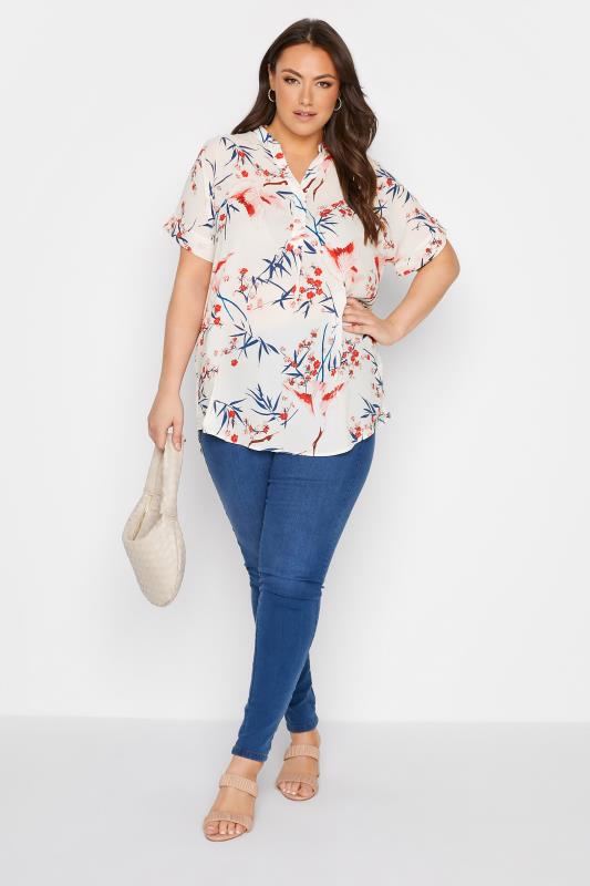 Plus Size White Floral Print Half Placket Short Sleeve Blouse | Yours Clothing  2