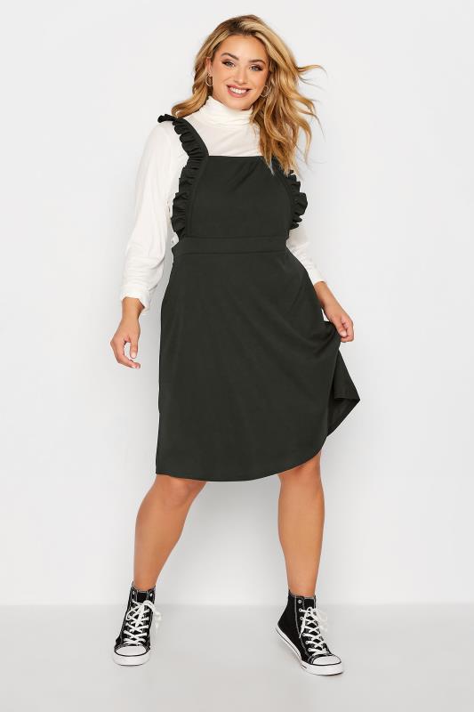 LIMITED COLLECTION Plus Size Black Frill Cross Back Pinafore Dress | Yours Clothing 1