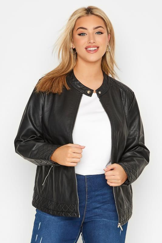 Plus Size Jackets Curve Black Faux Leather Collarless Jacket