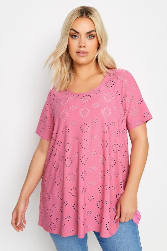 Plus Size  YOURS Curve Pink Broderie Anglaise T-Shirt