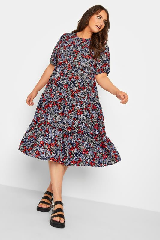 YOURS Curve Plus Size Blue & Red Floral Short Sleeve Midi Dress | Yours Clothing  2