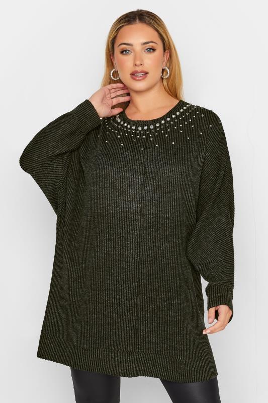 YOURS LUXURY Curve Charcoal Grey Sequin Embellished Ribbed Long Sleeve Top | Yours Clothing  2