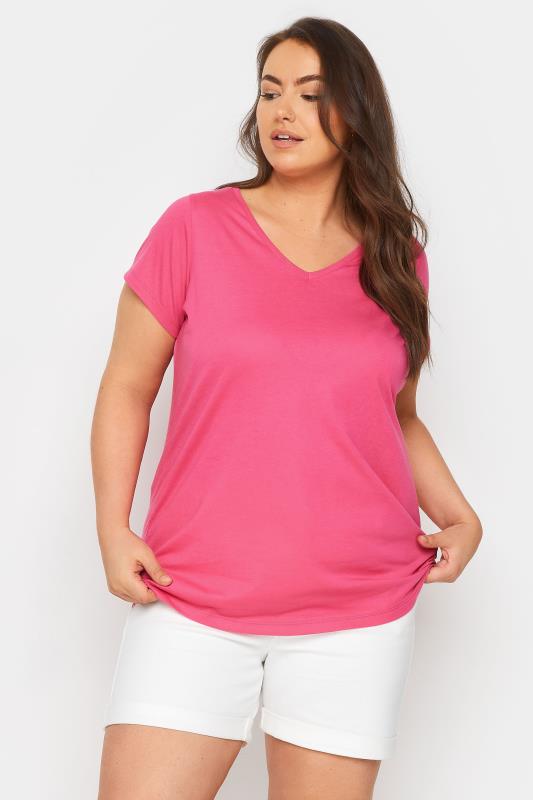 YOURS Plus Size Pink Short Sleeve Cotton Blend T-Shirt | Yours Clothing 1