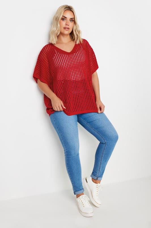 YOURS Plus Size Red Crochet Short Sleeve Top | Yours Clothing 2