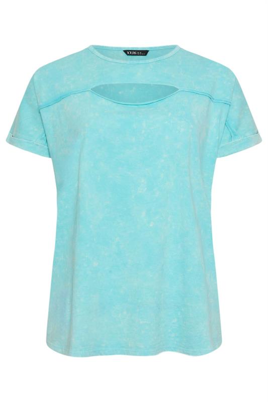 YOURS Plus Size Aqua Blue Acid Wash Cut Out T-Shirt | Yours Clothing 5
