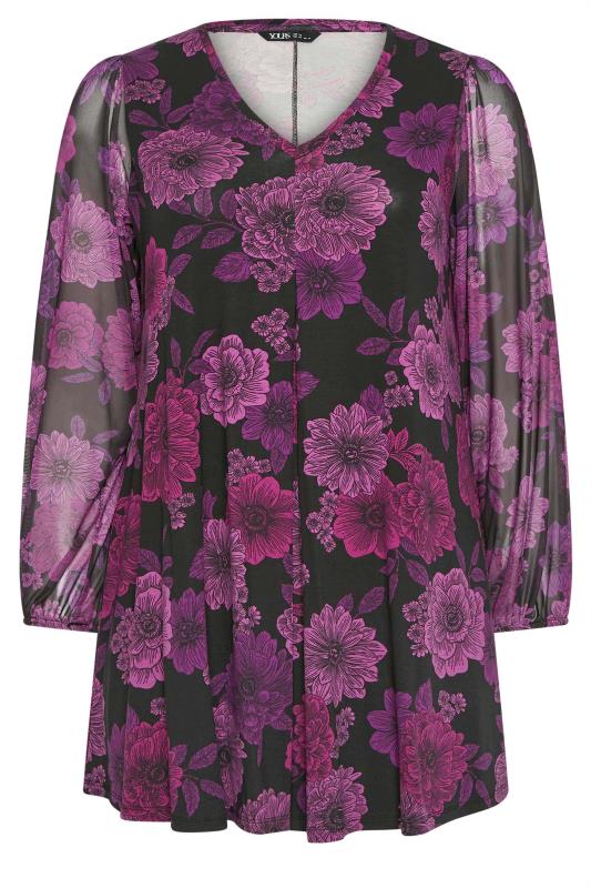 YOURS Plus Size Purple Floral Print Mesh Sleeve Pleated Top | Yours Clothing  5