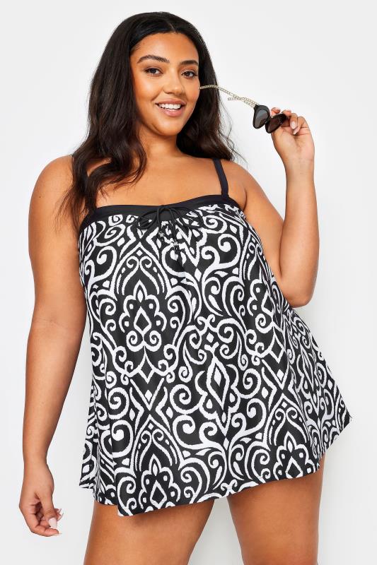 YOURS Curve Black Abstract Print A-Line Tankini Top