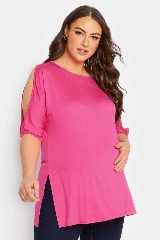 BUMP IT UP MATERNITY Plus Size Pink Cold Shoulder Split Hem Top | Yours Clothing 2