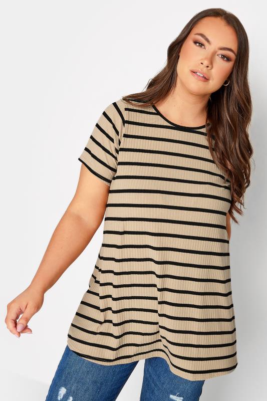 Plus Size  YOURS Curve Natural Brown Ribbed Stripe Swing T-Shirt