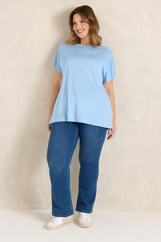 EVANS Plus Size Light Blue Crochet Shoulder Modal T-Shirt | Evans  2