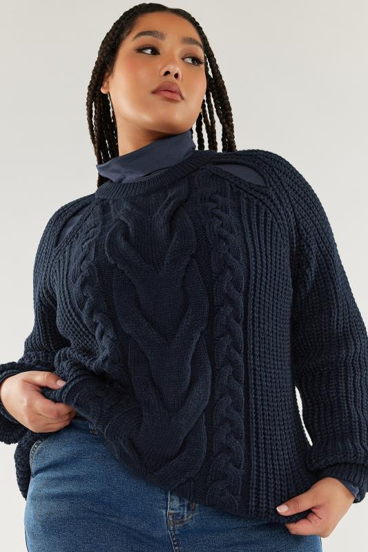 YOURS Plus Size Navy Blue Cable Knit Cut Out Jumper | Yours Clothing 1