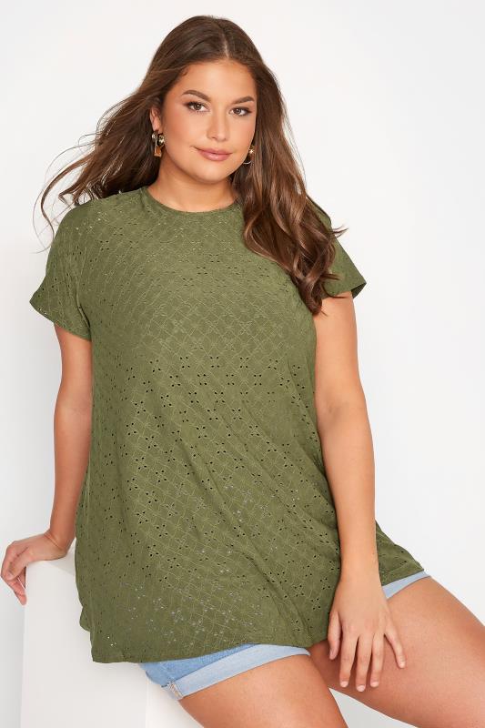 Plus Size Khaki Green Broderie Anglaise Swing Top | Yours Clothing 3