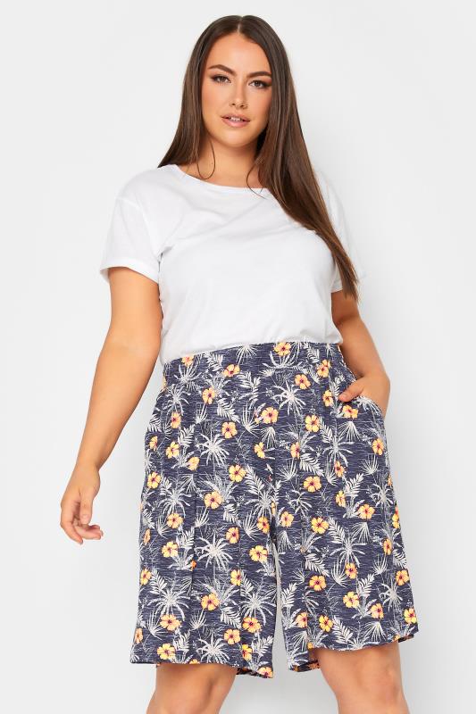 YOURS Plus Size Blue Tropical Print Pull On Shorts | Yours Clothing 1