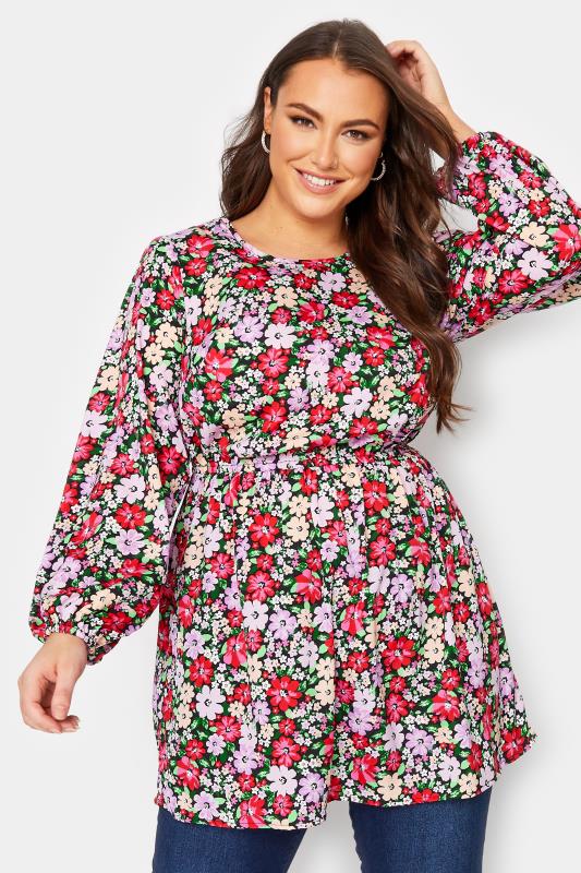 Plus Size  YOURS Curve Pink & Purple Floral Balloon Sleeve Shirred Waist Peplum Top