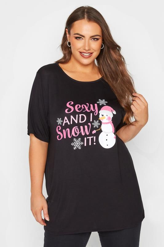 LIMITED COLLECTION Curve Black 'Sexy And I Snow It!' Slogan Christmas T-Shirt 1