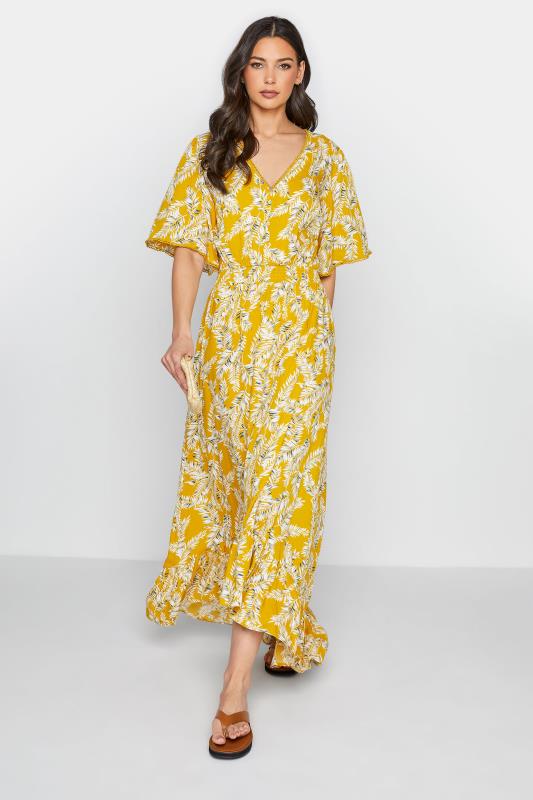 LTS Tall Yellow Leaf Print Dipped Hem Dress 2