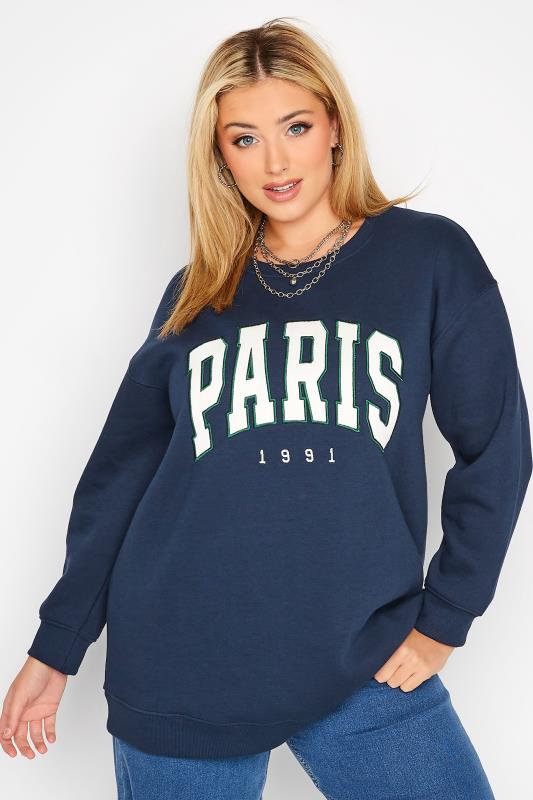  Tallas Grandes Curve Navy Blue 'Paris' Slogan Sweatshirt