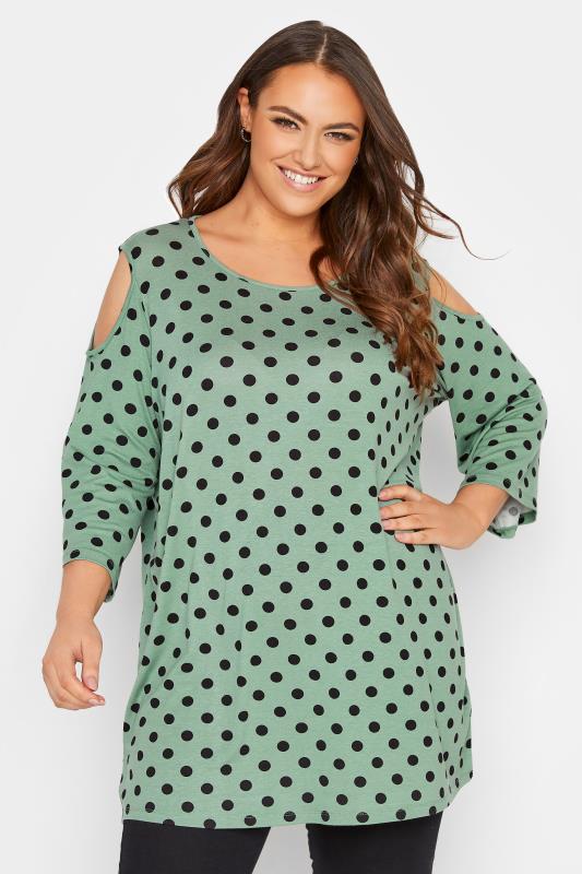 Plus Size Green Spot Print Cold Shoulder Top | Yours Clothing 1