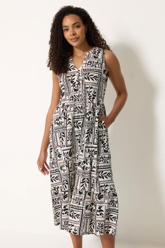  M&Co vestido midi negro sin mangas de algodón con estampado botánico abstracto
