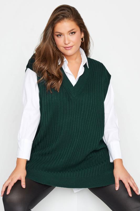 Plus Size Green Ribbed V-Neck Knitted Vest Top | Yours Clothing 1