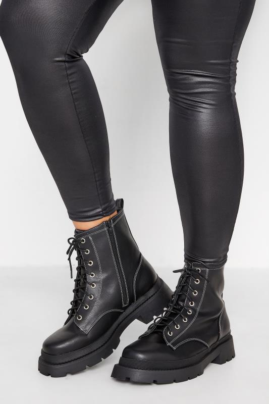 LIMITED COLLECTION Black Contrast Stitch Chunky Boots In Extra Wide EEE Fit 1