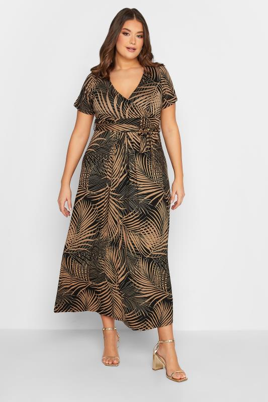 YOURS Plus Size Curve Brown Leaf Print Wrap Dress | Yours Clothing  1