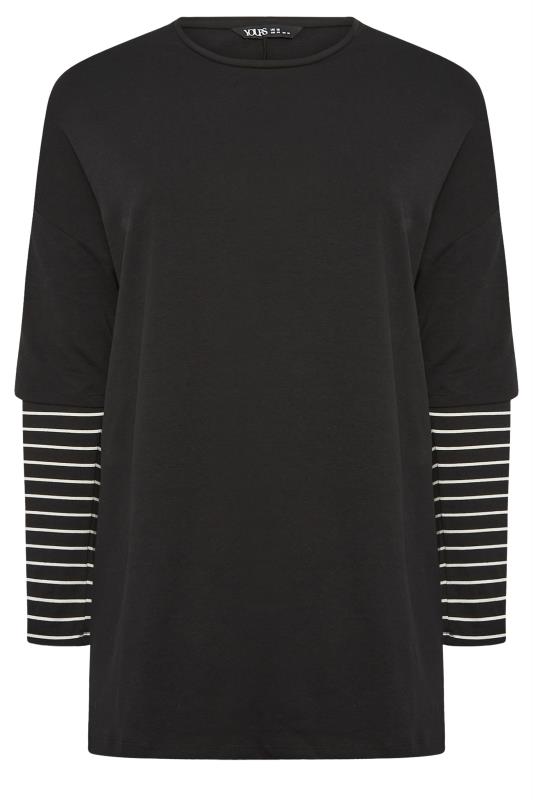 YOURS Plus Size Black Stripe Sleeve Double Layer T-Shirt | Yours Clothing 8