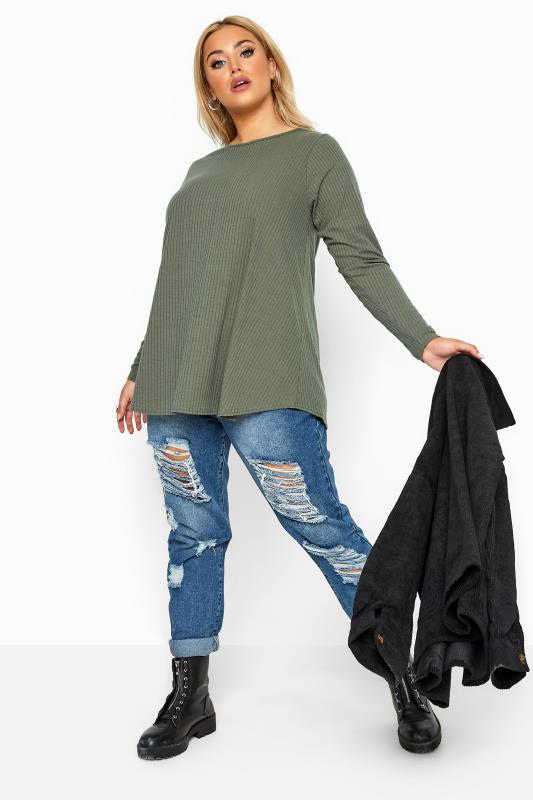 LIMITED COLLECTION Curve Khaki Green Ribbed Long Sleeve Top 2