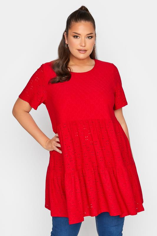 LIMITED COLLECTION Curve Red Broderie Anglaise Tiered Smock Top 1