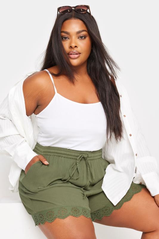 YOURS Plus Size Khaki Green Broderie Anglaise Scalloped Shorts | Yours Clothing 4