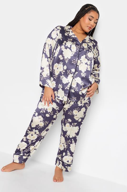 YOURS Plus Size Purple Floral Print Satin Pyjama Set | Yours Clothing 2