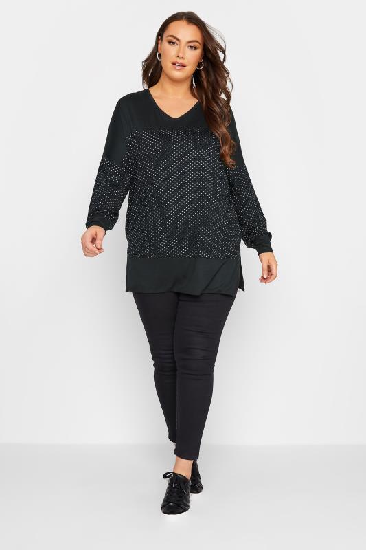 YOURS Plus Size Curve Black & White Polka Dot Panel Top | Yours Clothing 2