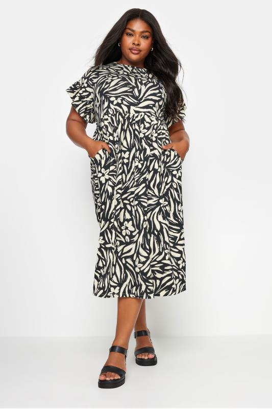 YOURS Plus Size Black & White Floral Print Pure Cotton Midaxi Dress | Yours Clothing 1