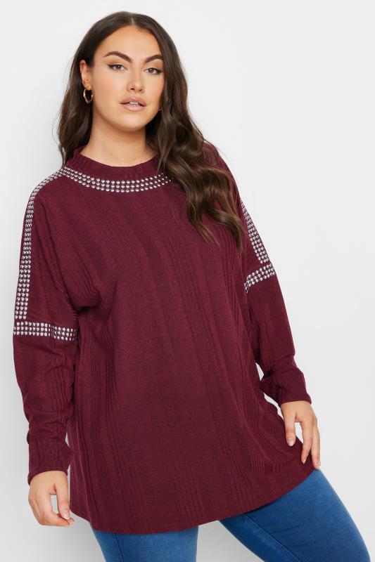 YOURS Plus Size Red Stud Neckline Embellished Jumper | Yours Clothing 4