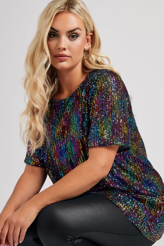 YOURS LONDON Plus Size Black Rainbow Sequin Swing Top | Yours Clothing  5