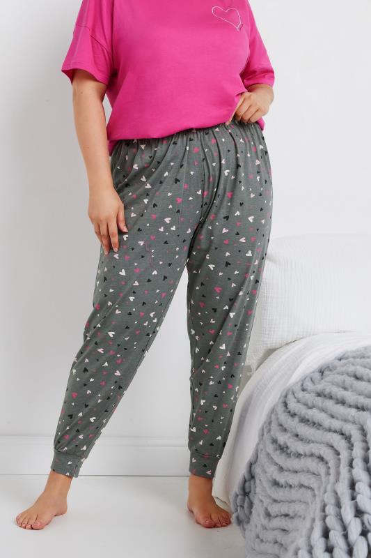 YOURS Plus Size Grey Heart Print Cuffed Pyjama Bottoms Yours Clothing