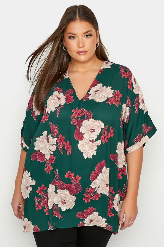 Curve Green Floral Pleat Front Blouse_A.jpg