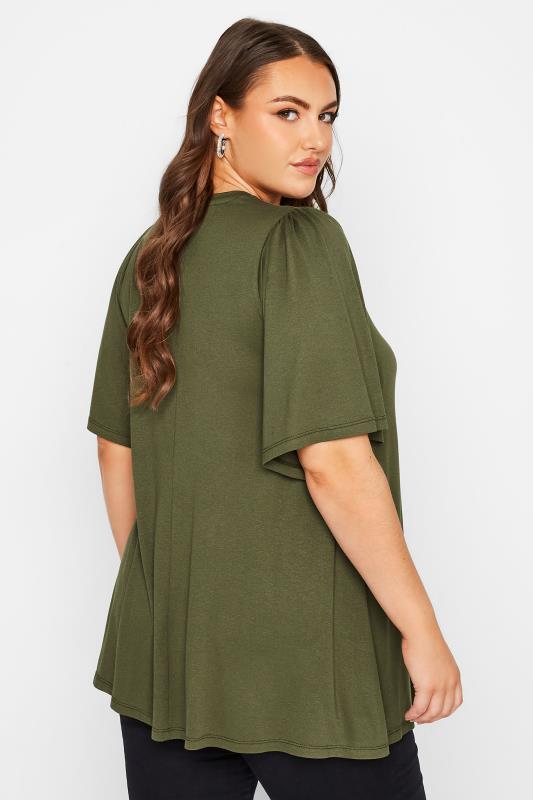 Plus Size Khaki Green Pleat Angel Sleeve Swing Top | Yours Clothing 3