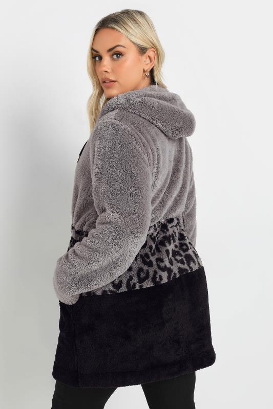 YOURS Plus Size Grey Leopard Print Colour Block Fleece Jacket | Yours Clothing 3