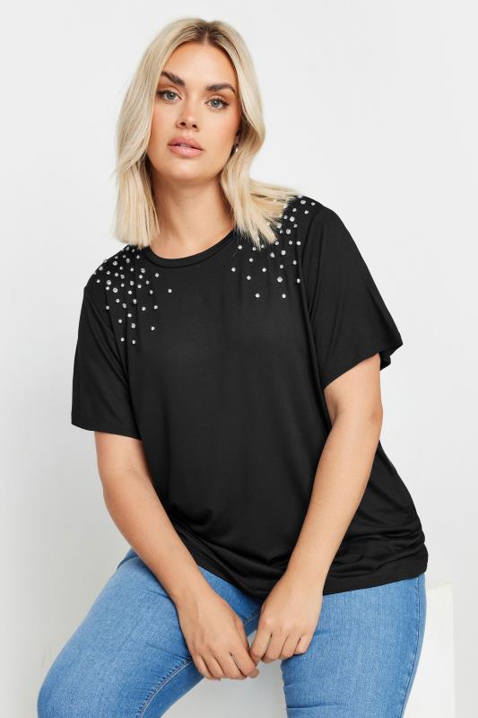 YOURS Plus Size Black Diamante Stud T-Shirt | Yours Clothing 1