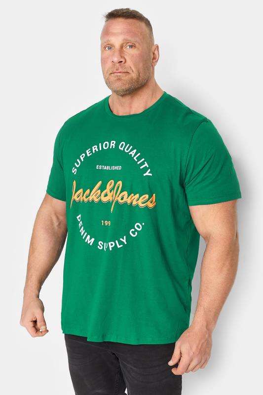 JACK & JONES Big & Tall Bright Green Printed Crew Neck T-Shirt | BadRhino 1