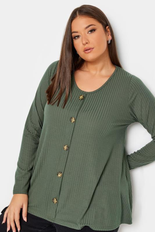 Plus Size  LIMITED COLLECTION Curve Khaki Green Ribbed Button Front Top