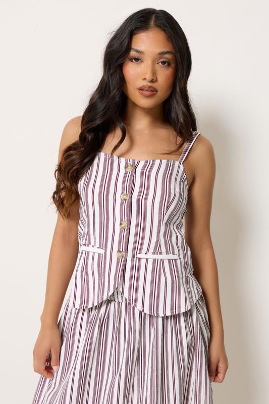  PixieGirl Petite top de tirantes con botones y rayas burdeos