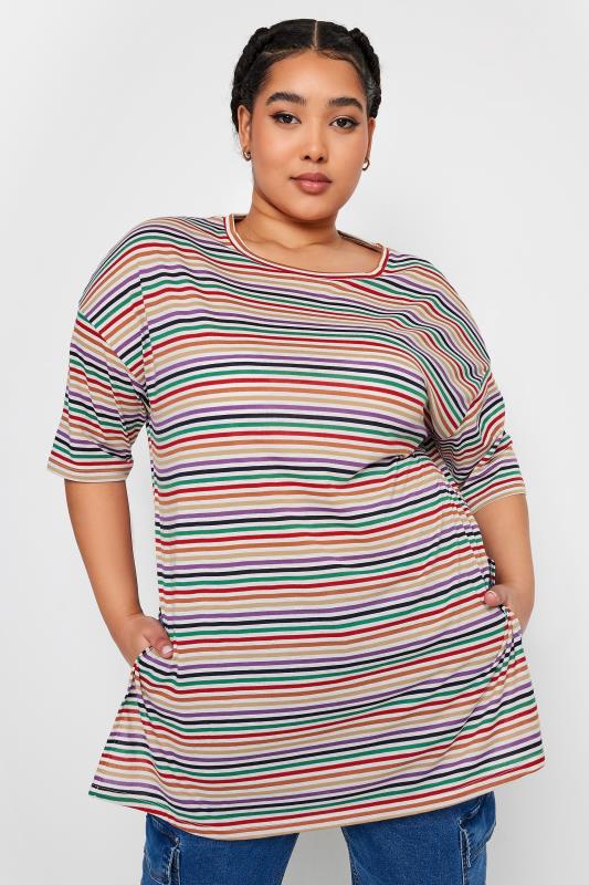 YOURS Plus Size Orange & Purple Stripe Oversized T-Shirt | Yours Clothing 1