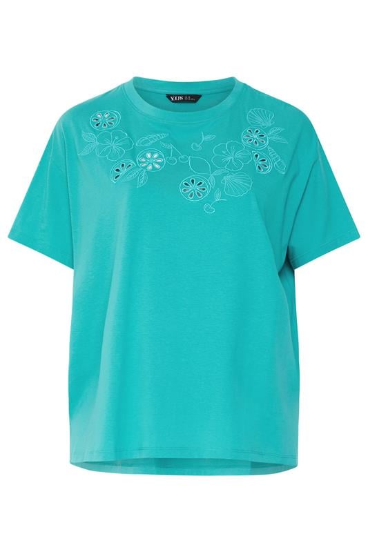 YOURS Plus Size Turquoise Blue Embroidered Fruit T-Shirt | Yours Clothing 5