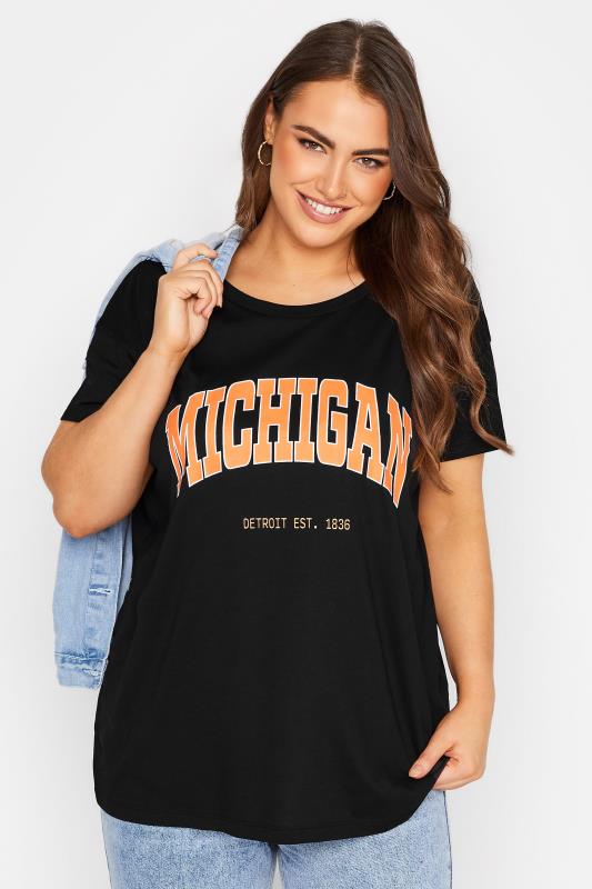 Plus Size Black 'Michigan' Printed T-Shirt | Yours Clothing 1